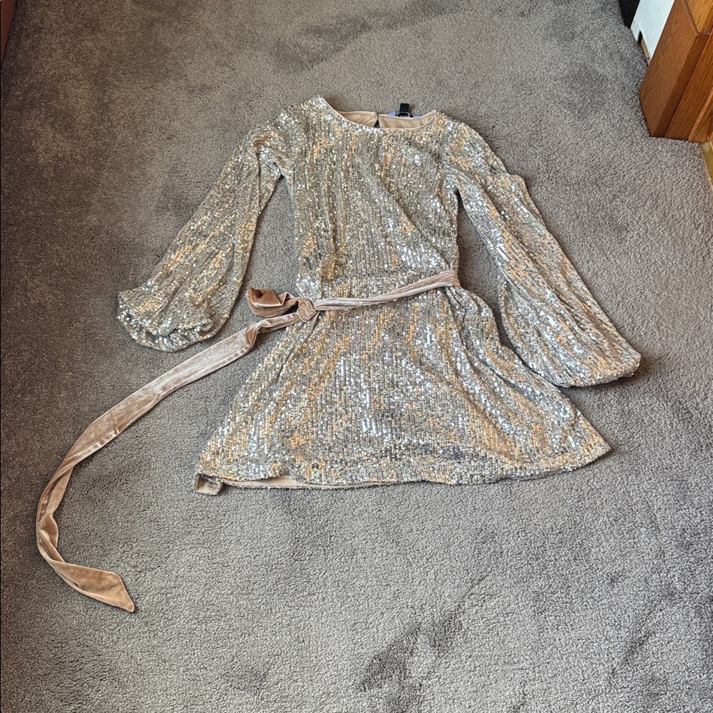Vylette Gold Silver Sequin Belted Long Sleeve Mini Party Dress SIZE XS